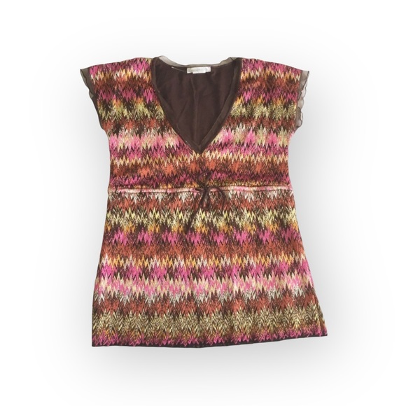 new Papillon Blanc 🝮 Sheer Woven Chiffon Top 🝮 Ikat Stripe 🝮 Pink Brown 🝮 L